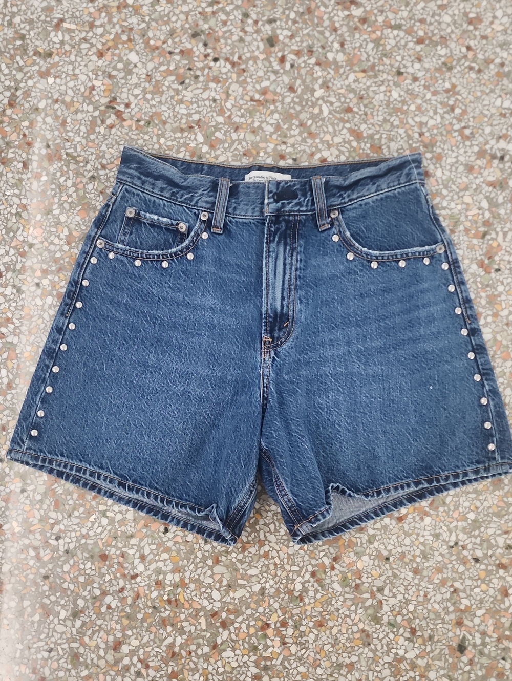 Abercrombie & Fitch Dark Blue Stud-Trim High-Rise Denim Shorts